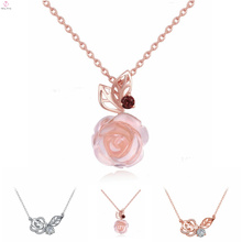 Women Fashion Sterling Silver Jewelry Zircon Rose Necklace, Pink Quartz S925 Sterling Silver Rose Necklace